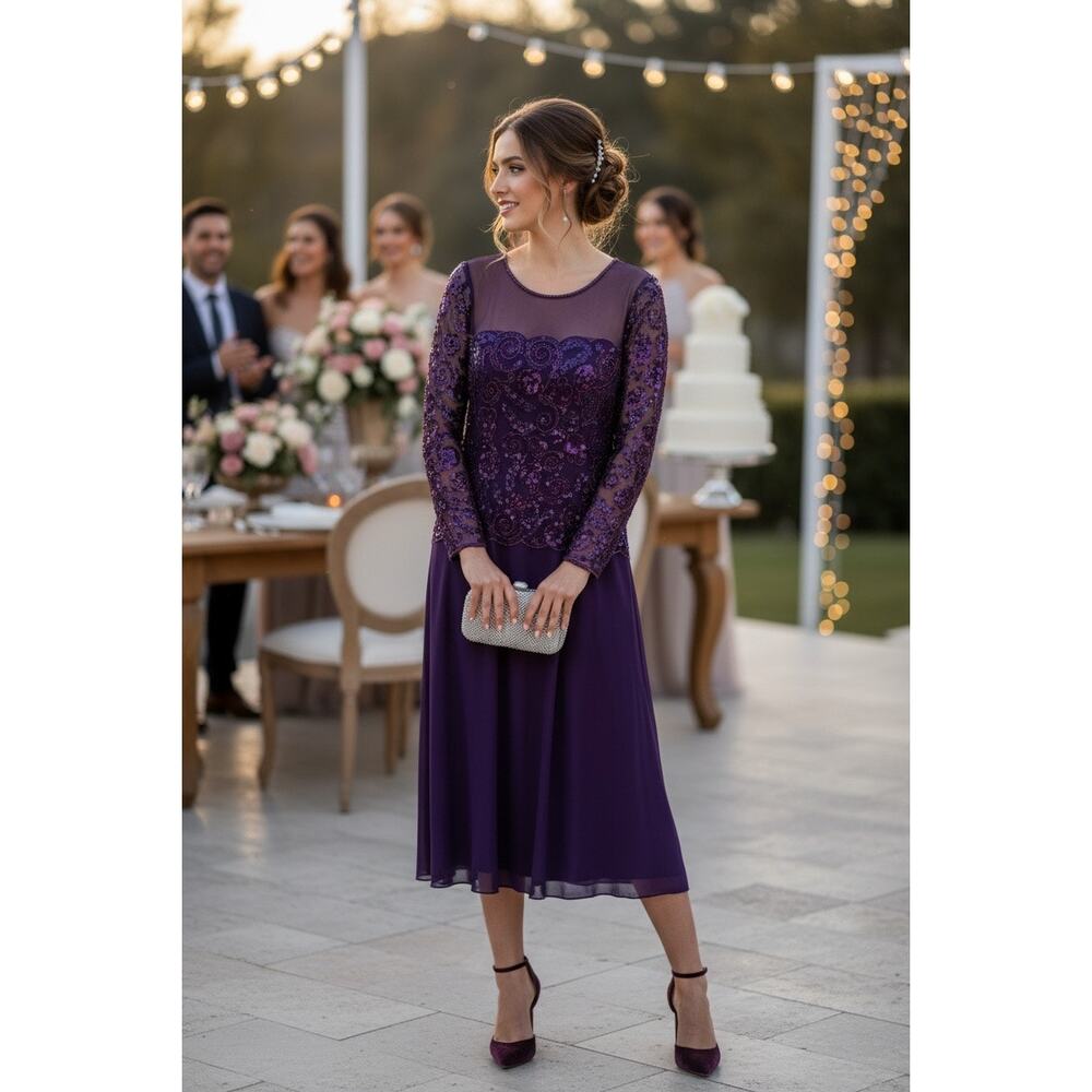 Adrianna Papell Evening New Years Wedding Sequin Silk Beaded Purple Dress